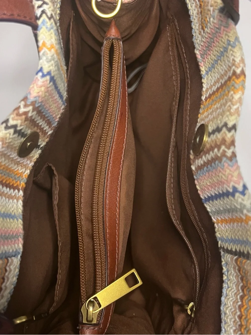 Fossil Multicolor Chevron Tote with Brown Leather Handles